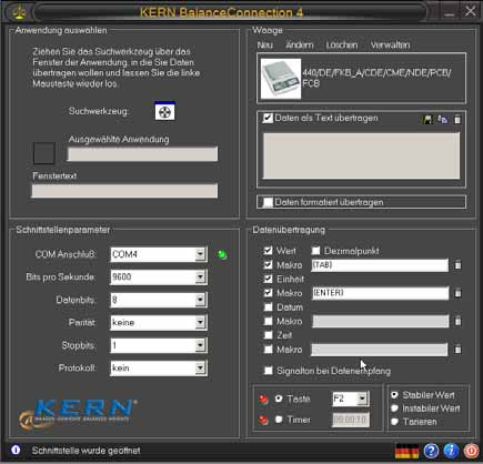 5 Uscità USB L esempio con il software della trasmissione dati Balance Connection KERN SCD 4.0 : Ulterioi informazioni sull installazione / servizio del software Balance Connection KERN SCD 4.