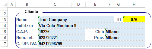 Gestionale 13 C. La cella H13 dovrà contenere l'id. del cliente.