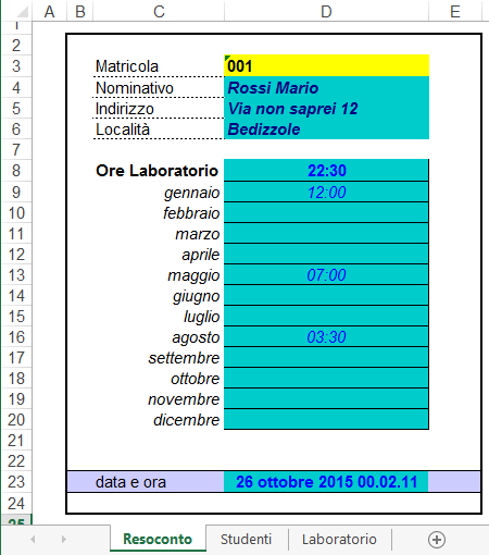 Gestionale 8 Creare una cartella di Excel (composto da 3 fogli) che fornisca un resoconto dettagliato per mese delle ore di presenza nei laboratori di informatica degli studenti.