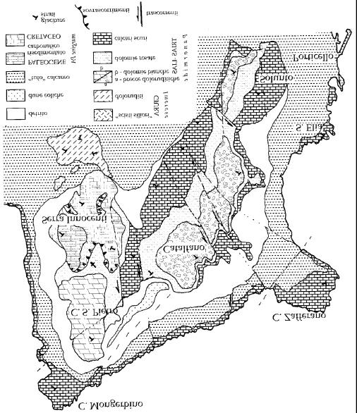 Crisanti, Cretaceo med. Lias sup.). La potenza totale è molto variabile, mediamente è compresa tra 170 e 200 m. e) Calcilutiti, marne e calcisiltiti della Fm. Caltavuturo (Eocene Cretaceo sup.