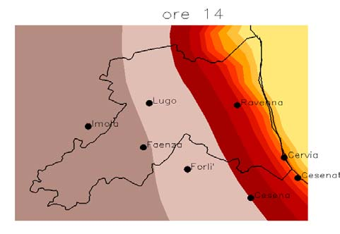 Nelle ore diurne (mappa ore 14) la variazione stagionale è più marcata: le altezze di rimescolamento massime si hanno in