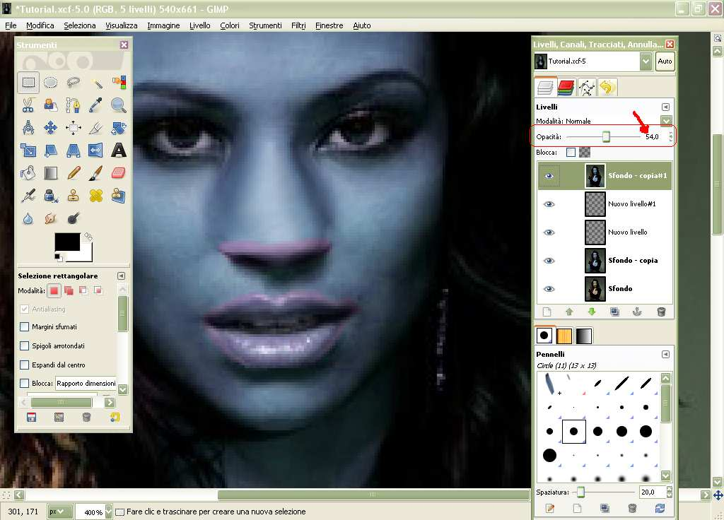 ed il resto invariati 16) Abbassiamo l opacità del livello al 54%, in questo