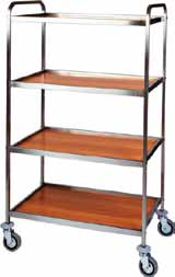 Stainless steel folded, anti-noise and satined shelves. Multidirectional wheels. Rubber buffer. Total capacity 80 Kg. Structure en acier inoxidable.