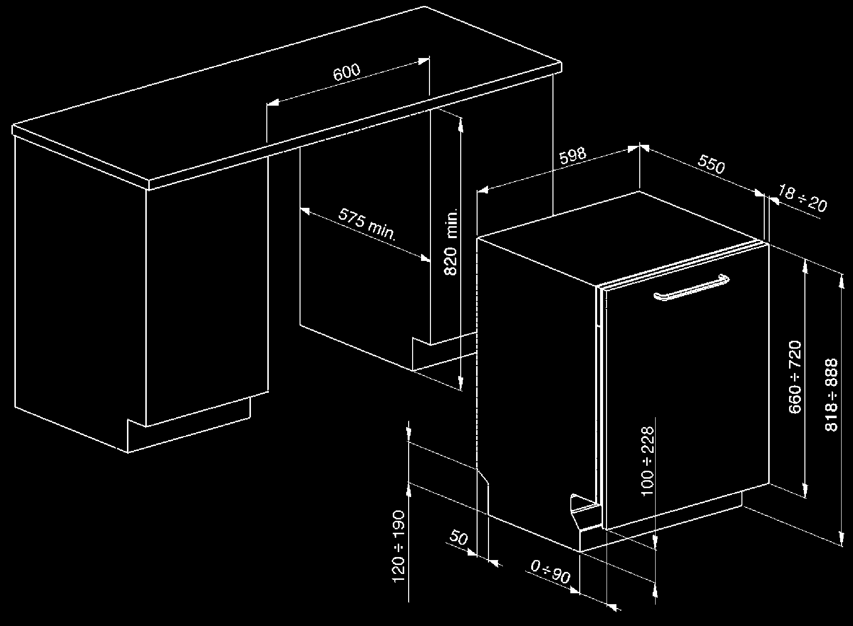 in altezza su 3 livelli Cestello inferiore con doppio inserto abbattibile Terzo irroratore superiore singolo Decalcificatore a regolazione elettronica Vasca 890 mm Piedino posteriore regolabile