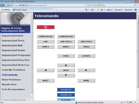 3. Controllo web 3.1 Controllo web proiettore (continua) 3.1.11 Telecomando del proiettore. Le funzioni del telecomando normale vengono assegnate alla schermata del Web Remote Control.
