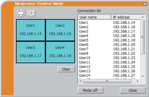 4 Modalità di controllo Moderatore tutti gli altri computer (Client) o switcher connessi al proiettore tramite LAN wireless o cablata.