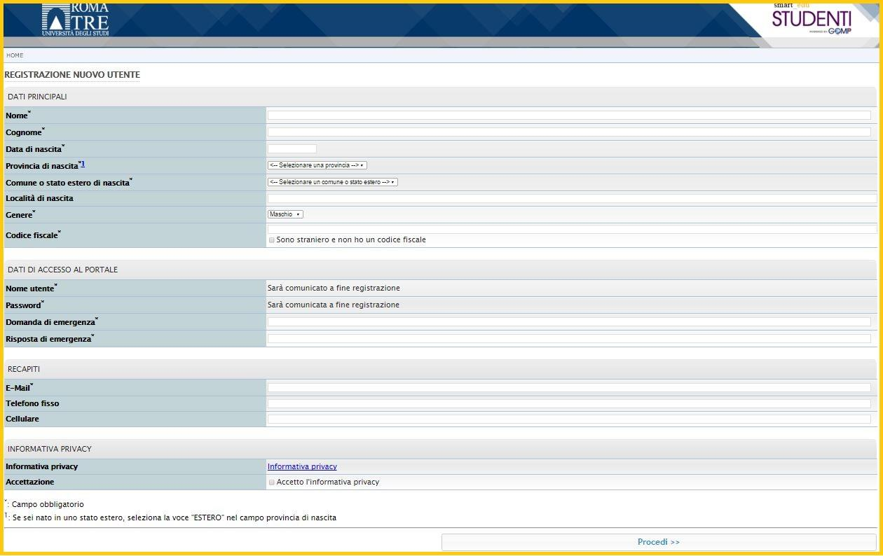 Nella prima pagina viene riportato un form con tutti i dati da inserire nel sistema per procedere alla registrazione.