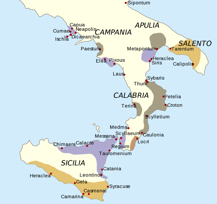 Le aree della colonizzazione greca: eubei (viola), achei