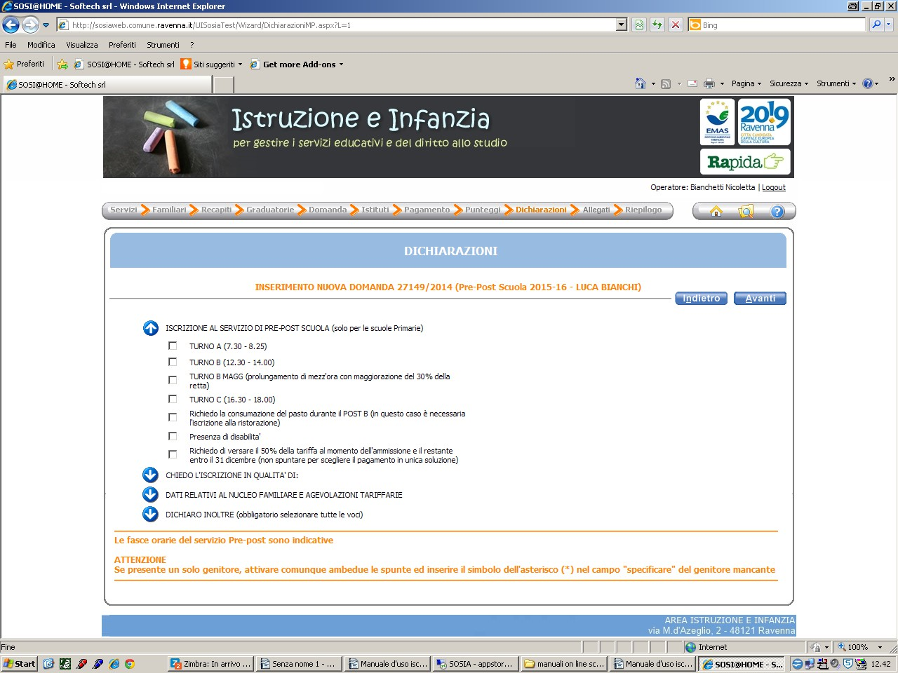 1^dichiarazione: ISCRIZIONE AL SERVIZIO... Per il servizio di pre post scuola è obbligatorio selezionare i dati relativi ai turni richiesti, gli altri dati non sono obbligatori.