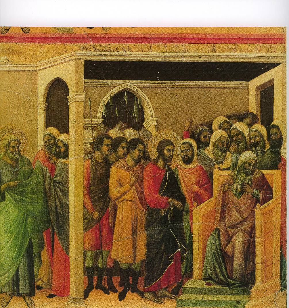 Nella tavola di Duccio a sinistra vediamo il gruppo delle guardie, le punte delle lance, gli elmetti di ferro al di sotto dei quali non emergono dei volti, altri personaggi sono in attesa delle