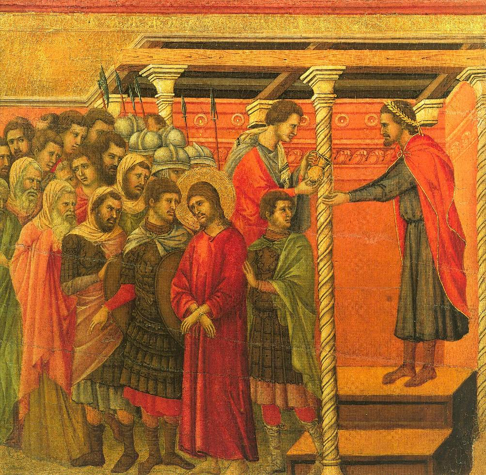 Pilato si lava le mani Duccio da Boninsegna 1308-1311 Siena Questo episodio raffigurato da Duccio non lo troviamo nel Vangelo di Luca, ma in Matteo 27, 24.