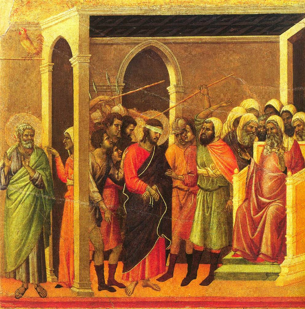 Sulla sinistra del quadro c è Pietro che, rispondendo a chi lo interpella per l ultima volta, nega di conoscere Gesù e sopra di lui il gallo alza il suo canto per salutare il nuovo