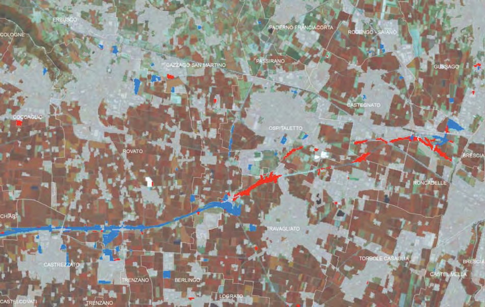 Fig. 14 dettaglio relativo all area dell ovest milanese, della distinzione fra le aree soggette a consumo di suolo fino al 2012 (poligoni blu) e relativi al solo periodo 2012-2013 (poligoni rossi):
