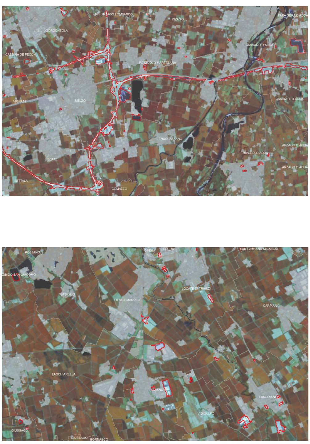 Fig. 3 Dettaglio relativo ad un area nell est milanese, su sfondo immagine satellitare Landsat8 del 10/8/13, delle aree identificate come consumo di suolo (aree di cantiere, nuove aree urbane, cave).