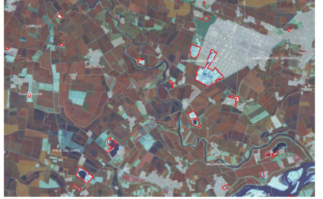 Fig. 5 Dettaglio relativo ad un area in provincia di Pavia, su sfondo immagine satellitare Landsat8 del 10/8/13, delle aree identificate come consumo di suolo (espansioni aree industriali, cave, ecc.