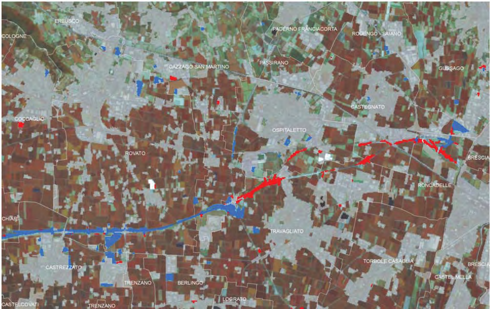 Fig. 15 dettaglio relativo all area nella pianura bresciana, della distinzione fra le aree soggette a consumo di suolo