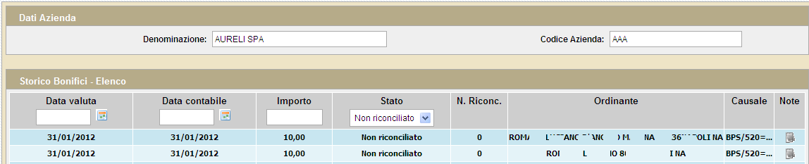 Cliccando sulla seconda icona sarà possibile cancellare la distinta, sempreché non si trovi in stato Riconciliato.