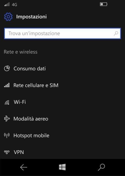 1.8 Windows 10 Mobile Toccare l icona Impostazioni Nella sezione