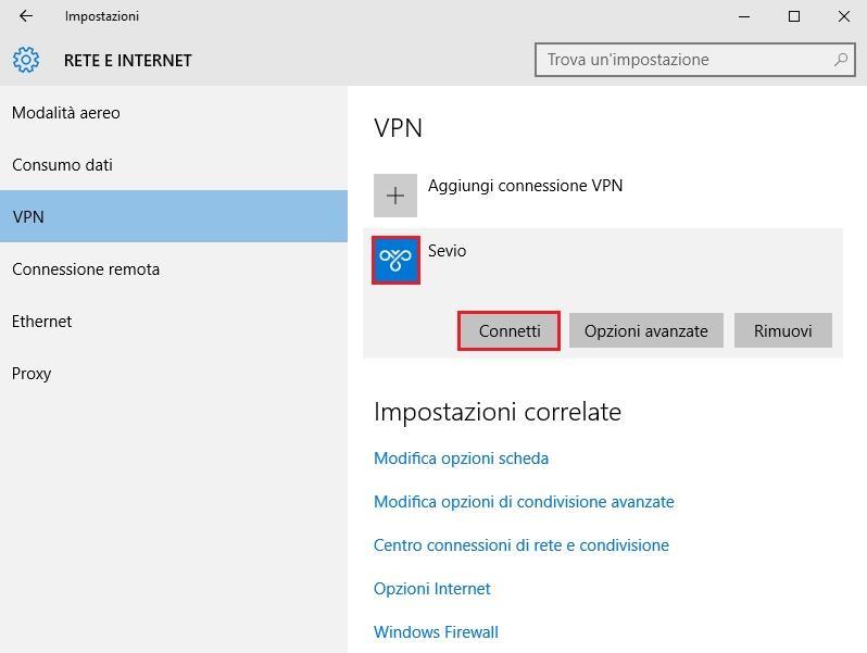 Selezionare la VPN appena creata e fare clic su Connetti. NOTA: Sevio Portal consente l accesso contemporaneo a più operatori.