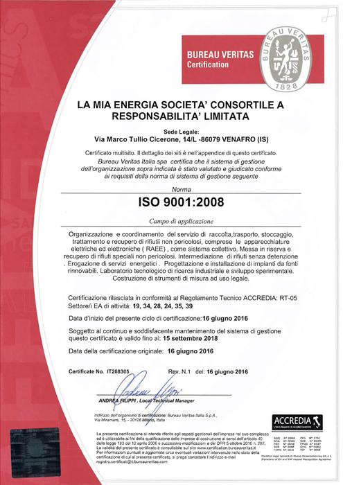 La Mia Energia scarl è certificata per le norme ISO 9001 (QUALITA ), ISO 14001 (AMBIENTE).