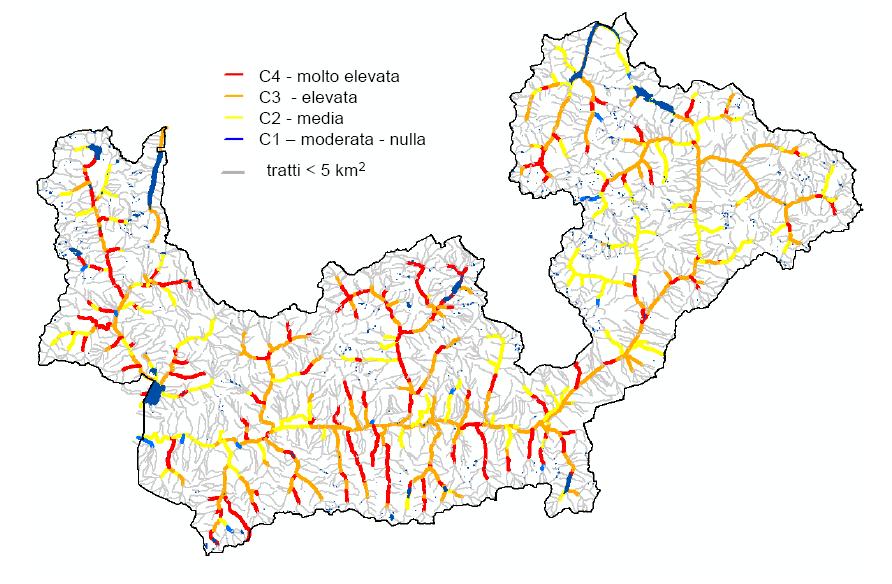 Indice del livello di inquinamento da macrodescrittori (LIM) per tutti i tratti del reticolo idrografico, come definito dal D.Lgs.