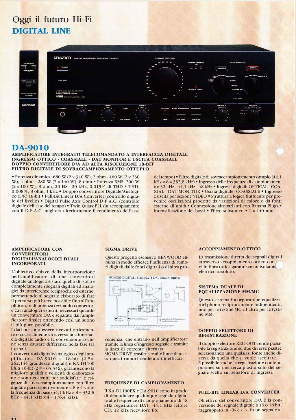 44 Oggi il futuro Hi-Fi DIGITAL LINE DA-9010 AMPLIFICATORE INTEGRATO TELECOMANDATO A INTERFACCIA DIGITALE INGRESSO OTTICO - COASSIALE - DAT MONITOR E USCITA COASSIALE DOPPIO CONVERTITORE D/A AD ALTA