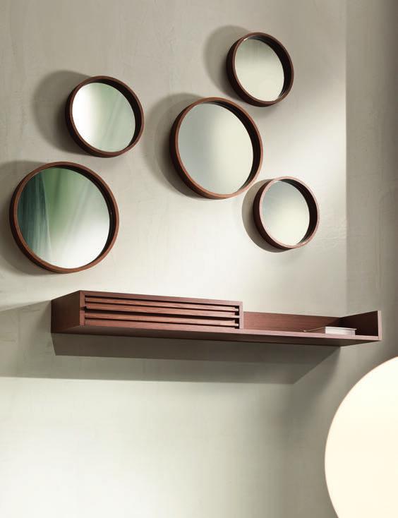 Assembling possible in different configurations. Available finishings: WG wengé, NC walnut, TB tobacco, Open pore matt lacquered, Closed pore matt lacquered. oblò-mirror cod.5527 regolo-shelf cod.