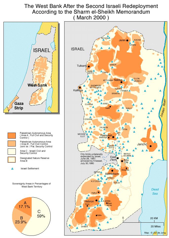 A. Ventura - Breve storia della questione palestinese 5 Gli Accordi di Oslo: Conseguenze Durante il processo di Oslo, la Cisgiordania viene divisa in tre aree.