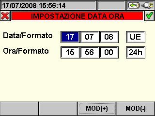 5.1.2. Regolazione Data/Ora di sistema 1. Premere il tasto F1 (oppure la voce DATA a display) nella videata mostrata in Fig. 9. Lo strumento presenta la videata seguente: Fig.