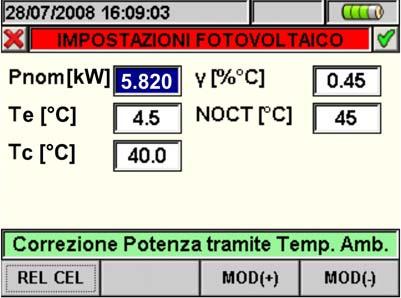 5.3.2. Videata Impostazioni Parametri Sistemi FV Premere il tasto F1 o toccare la voce PARAM a display. Lo strumento presenta la seguente videata: Fig.