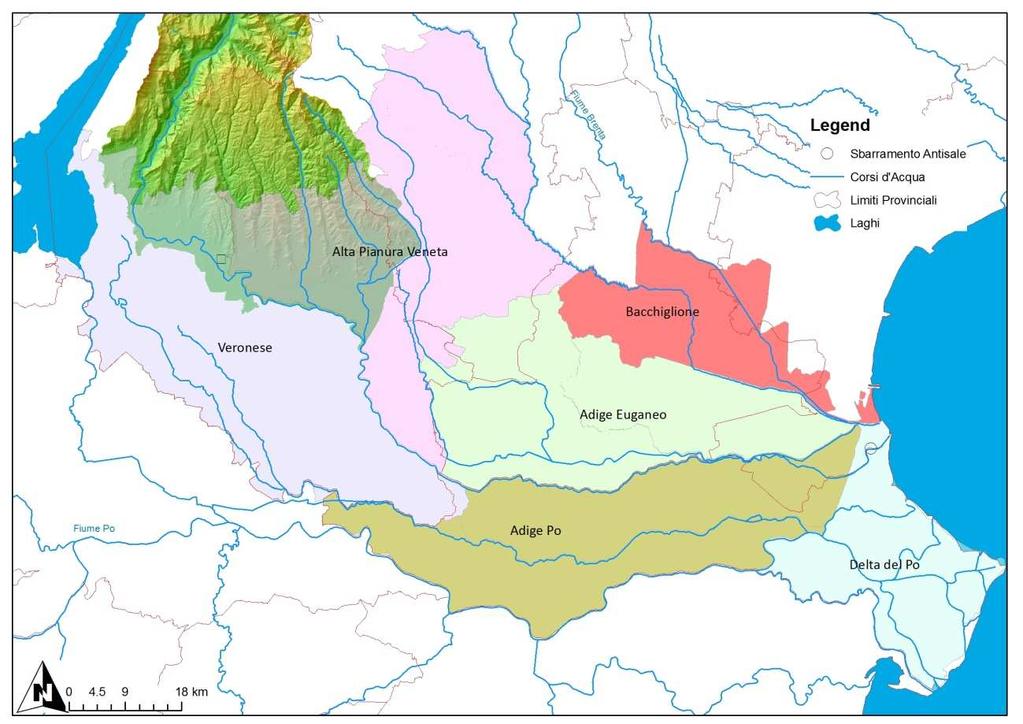 8) Dati di portata derivata da parte dei grandi consorzi irrigui posti nella parte valliva del fiume [m 3 /s] 7 ; Figura 10 Territori serviti dai consorzi di bonifica.