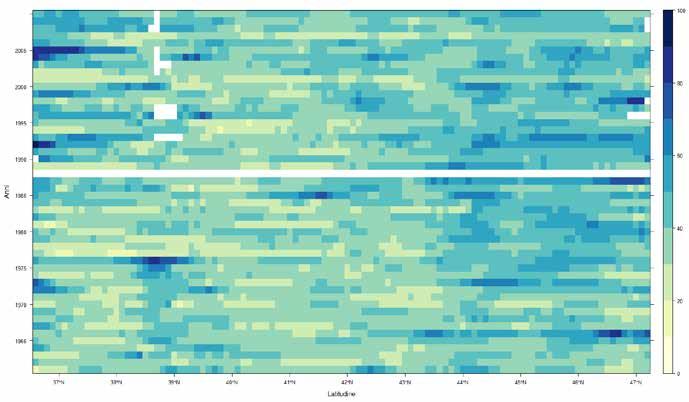 Precipitazione massima giornaliera (Rx1day): diagramma spazio-tempo di Hovmöller dal 1961 al 2010.