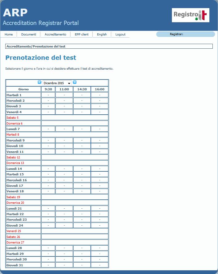 Fig.9 Pagina Prenotazione del test (utente Registrar) La corrispondente pagina per l utente Operatore (Fig.