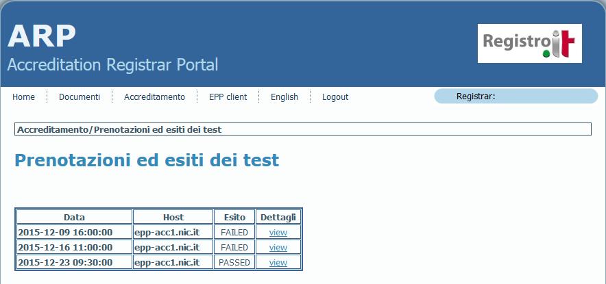 Fig.12 Pagina Prenotazioni ed esiti dei test (utente Registrar) Per quanto riguarda invece la corrispondente pagina dell utente Operatore (Fig.