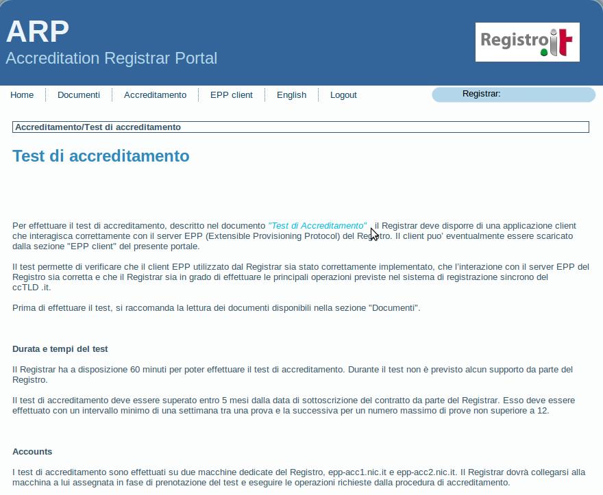 4.2.2 Guida al Test Il documento indispensabile per la fase di accreditamento tecnico del Registrar è senza dubbio il documento di guida al test il cui link è disponibile alla pagina (Fig.