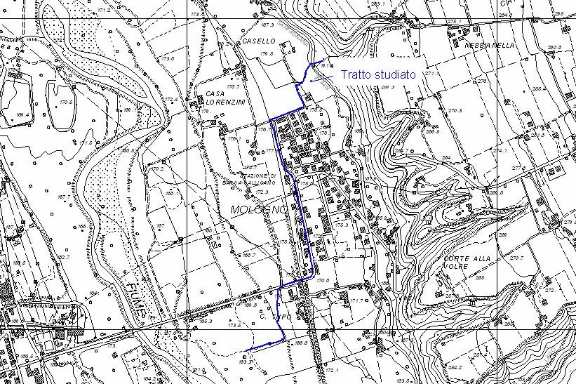 4.2.8. Rio di Nebbiana Il modello di moto ha coperto il tratto finale del Rio di Nebbiana per una lunghezza di circa 1250 m fino allo sbocco nel Fiume Serchio nelle vicinanze della località Case Tupo.