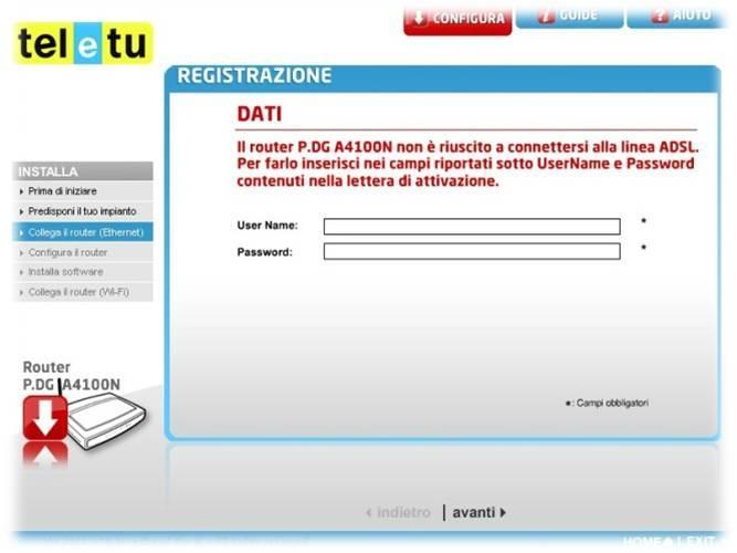 23. Il router tenterà una connessione automatica con la rete, altrimenti visualizzerai una schermata di Registrazione, da compilare come segue e clicca su Avanti: User Name: inserisci dati che hai