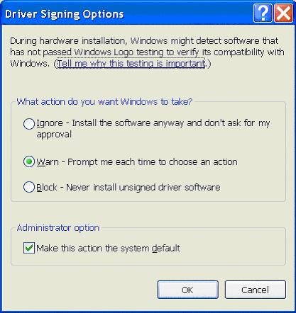 Si apre la finestra di dialogo [Found New Hardware Wizard]. Aprire la finestra di dialogo [Driver Signing Options] come segue: 1 Nel menu [Start], fare clic su [Control Panel].