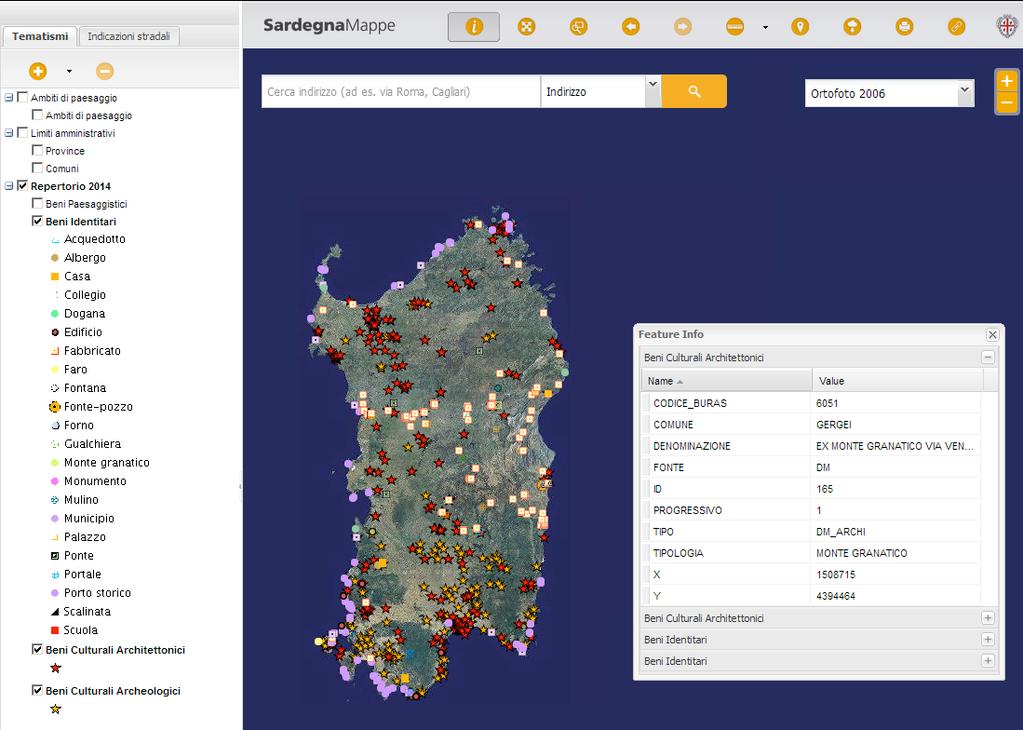 Figura 2 Il navigatore cartografico dedicato al Repertorio dei beni SardegnaMappe Monitoraggio strumenti urbanistici, personalizzazione di SardegnaMappe finalizzata alla pubblicazione delle