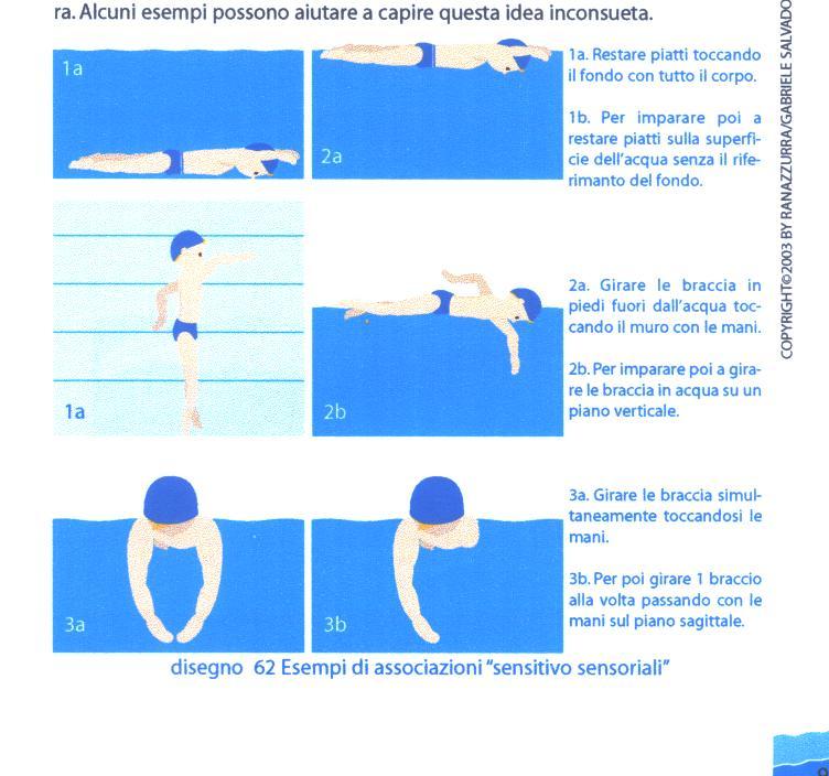 Esempi di associazioni sensitivo-sensoriali Sul fondo Con il muro Con le due braccia avanzare con i capelli sott acqua sia con movimenti simultanei che con