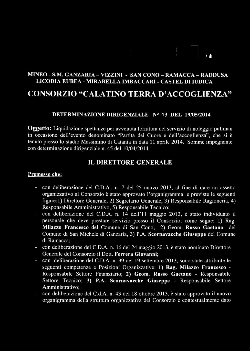 GANZARIA - VIZZINI - SAN CONO - RAMACCA - RADDUSA LICODIA EUBEA - MIRABELLA IMBACCARI - CASTEL DI IUDICA CONSORZIO CALATINO TERRA D ACCOGLIENZA DETERMINAZIONE DIRIGENZIALE N 73 DEL 19/05/2014