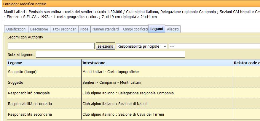 Catalogo unico dei Beni culturali del CAI : Materiali cartografici SOGGETTI: Monti Lattari è l oggetto unico della trattazione - Carte topografiche è termine complementare di forma bibliografica.