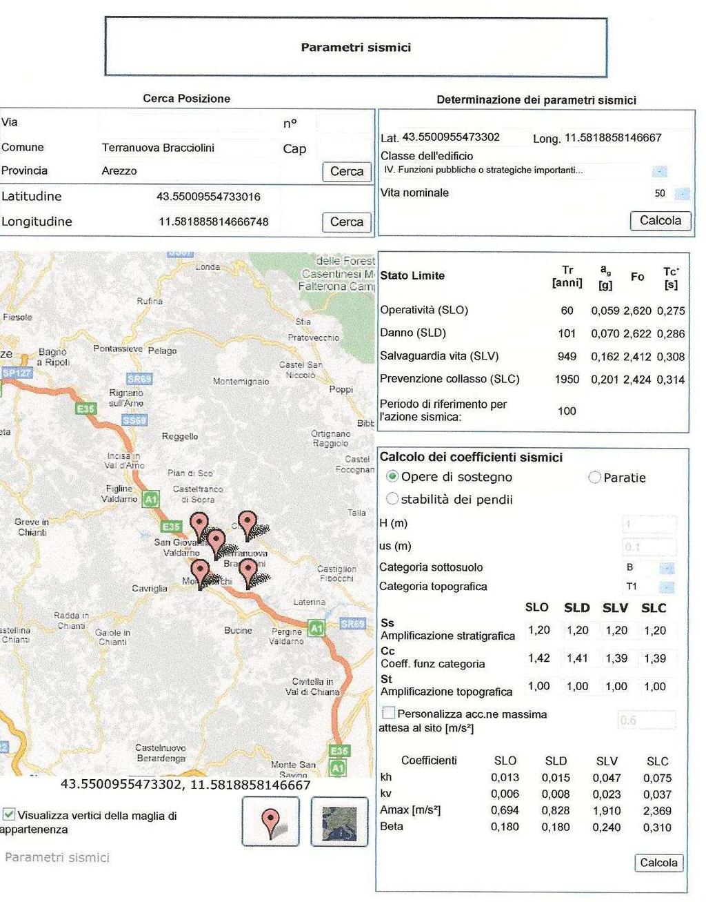 Opere di sostegno - Parametri sismici amax (accelerazione massima attesa al sito) amax =