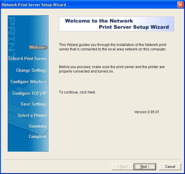 3. Scegliere Setup Wizard per installare il server di stampa e configurare la stampante