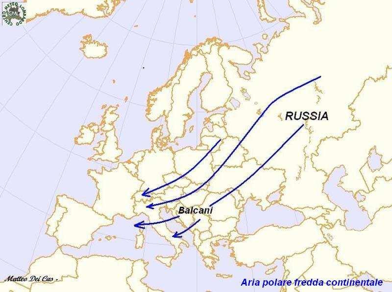 CIRCOLAZIONE GENERALE DELL ARIA IN EUROPA Aria polare continentale Le alte pressioni a N della Russia