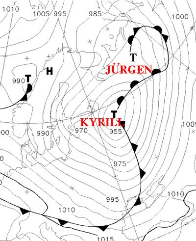 Ciclone KYRILL Carta meteo francese del 18/01/07 Inevitabile la tempesta di vento che ne è scaturita, probabilmente anche a causa della consistente velocità di spostamento del ciclone.