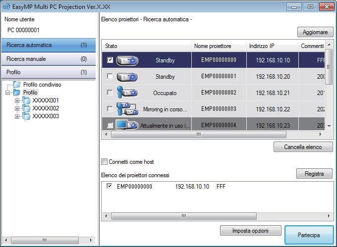 Metodi di connessione 16 Windows XP, Windows Vist, e Windows 7: Fre clic su Strt, selezionre Progrmmi (o Tutti i progrmmi), EPSON Projector, EsyMP Multi PC Projection, quindi fre clic su EsyMP Multi