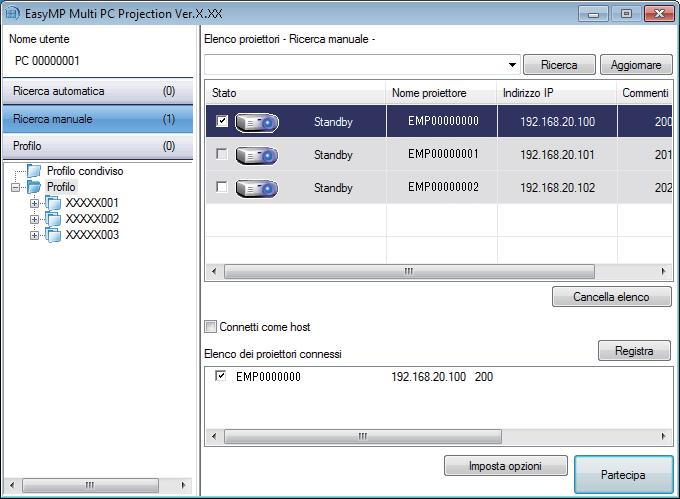 Schermt Ricerc 51 Qundo si vvi EsyMP Multi PC Projection, è visulizzt l schermt di ricerc. A Nome utente Mostr il nome utente visulizzto nell'elenco utenti nell schermt di controllo dell proiezione.