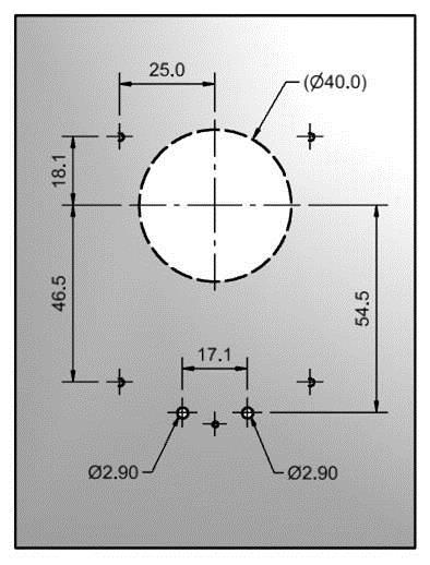 Fissaggio dell unità dietro la pulsantiera Seguire questi semplici passi per installare il C100 Base dietro il pannello COP. 1. Fori di fissaggio 2.