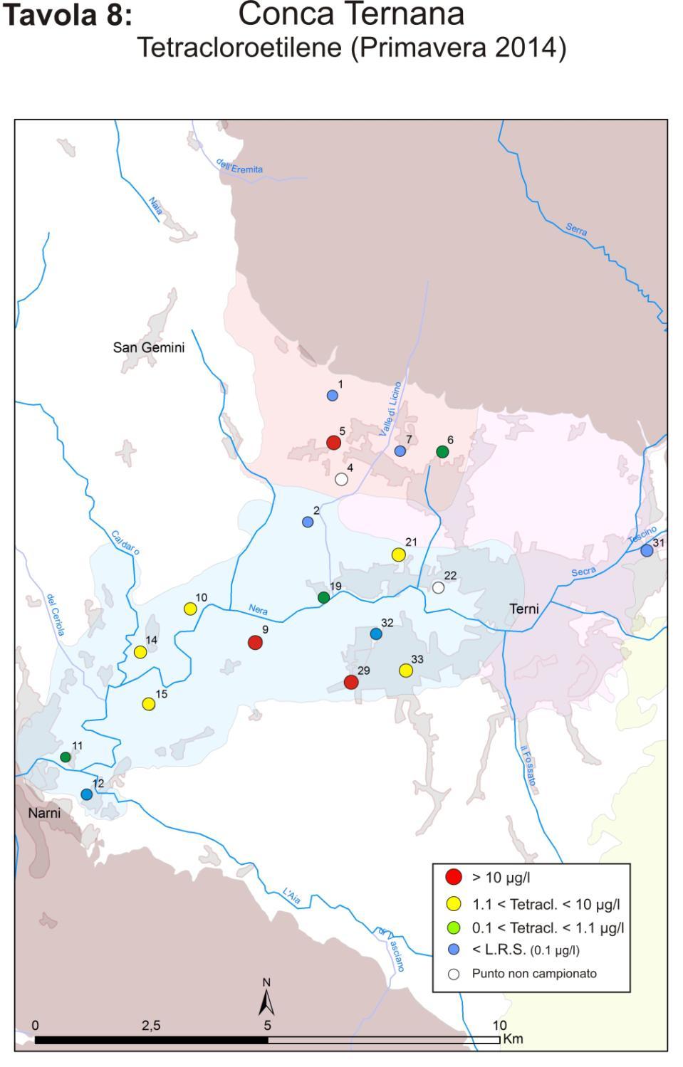 Andamento temporale concentrazioni Tetracloroetilene Dot map del Tetracloroetilene in Conca Ternana, con particolare riferimento ai limiti di Concentrazione Soglia di